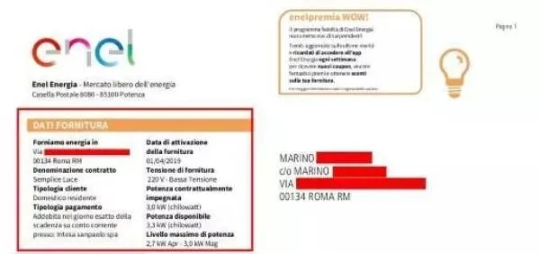 Come leggere la bolletta luce: dati intestatario e fornitura