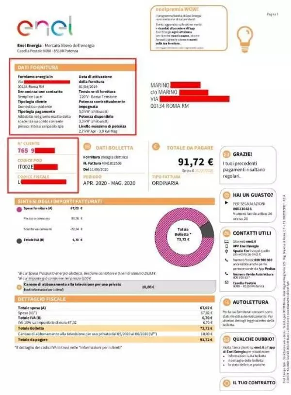 Come leggere la bolletta della luce: esempio bolletta Enel energia