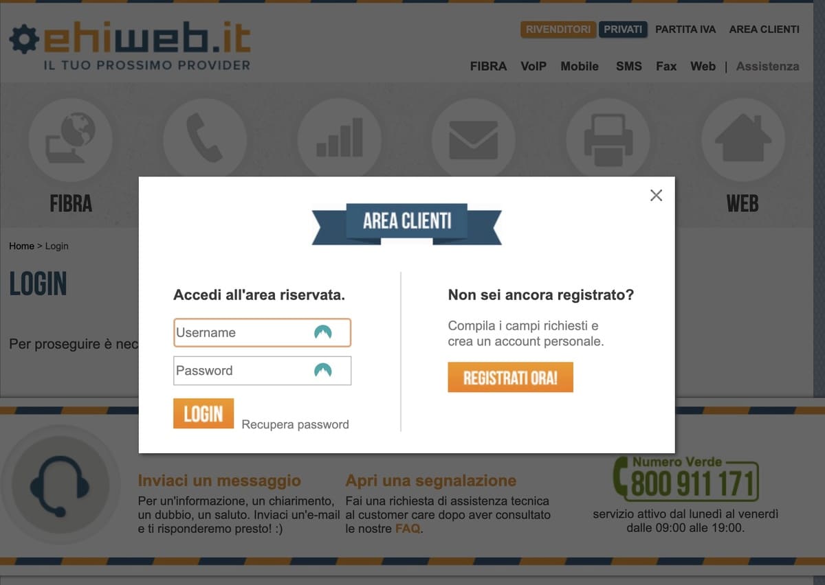 Accesso area clienti ehiweb