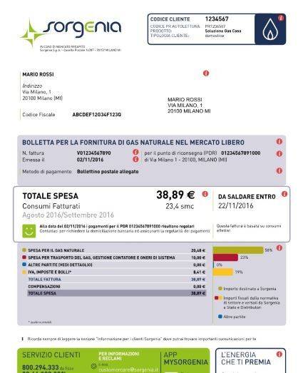 Bolletta sorgenia gas fac simile