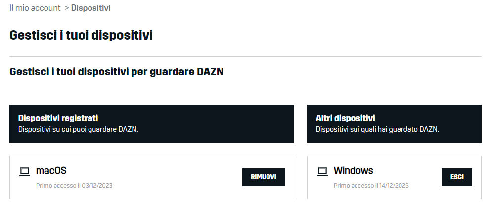 Dazn gestione dispositivi