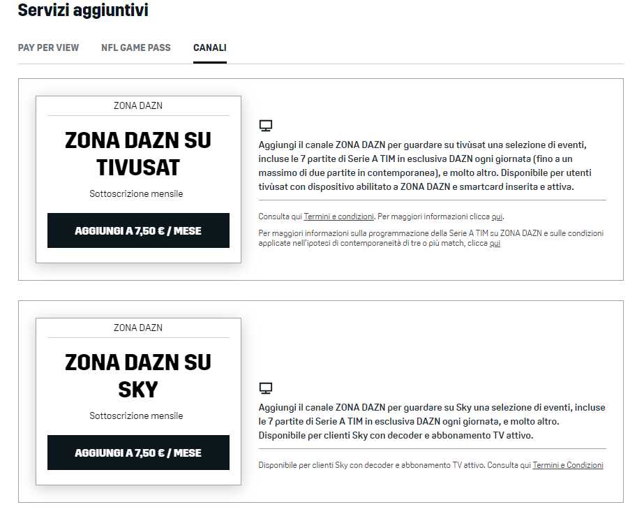 Dazn servizi aggiuntivi