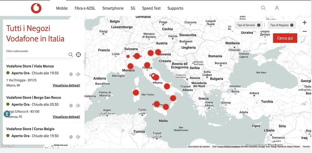 Mappa ricerca centro vodafone