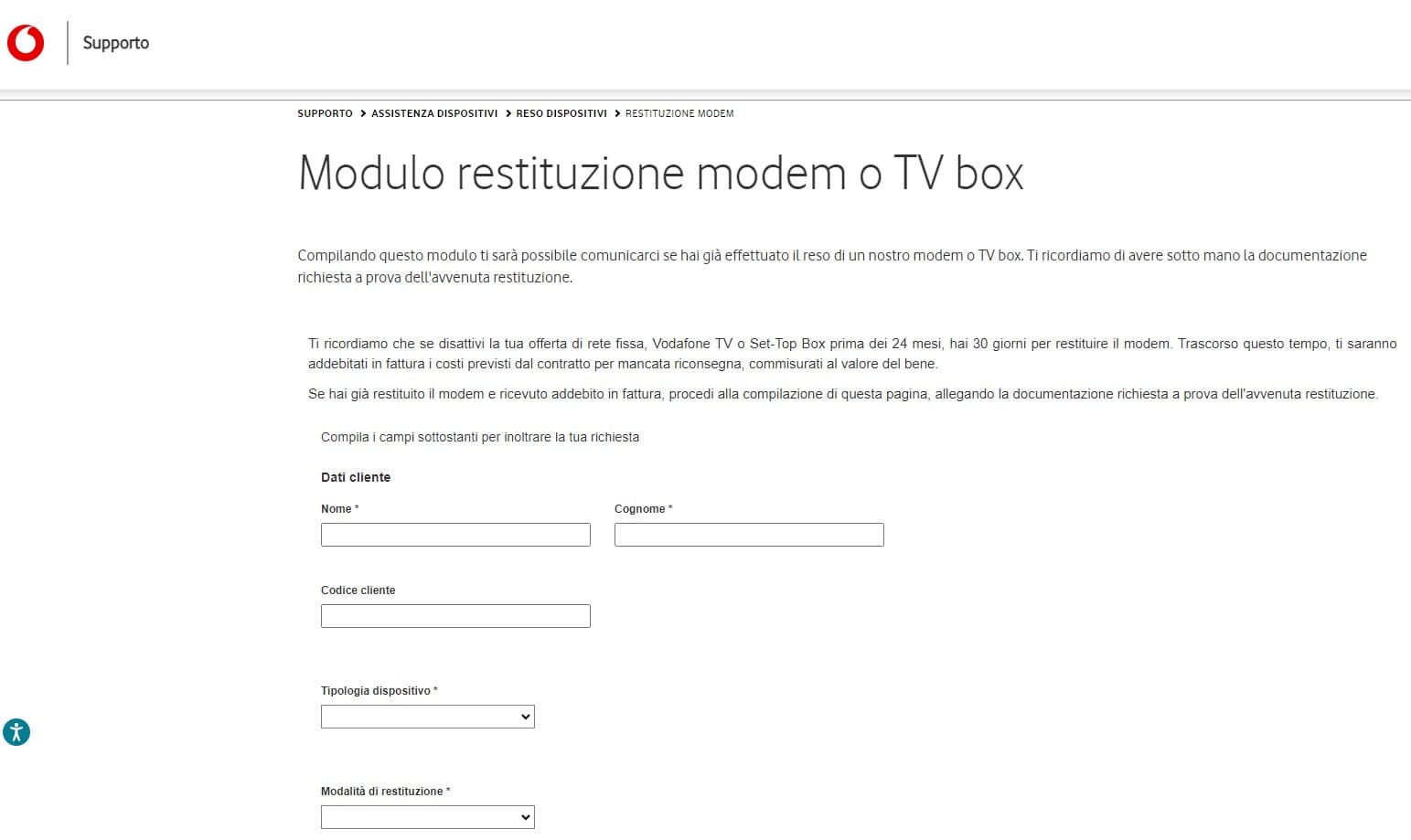 Modulo restituzione modem vodafone