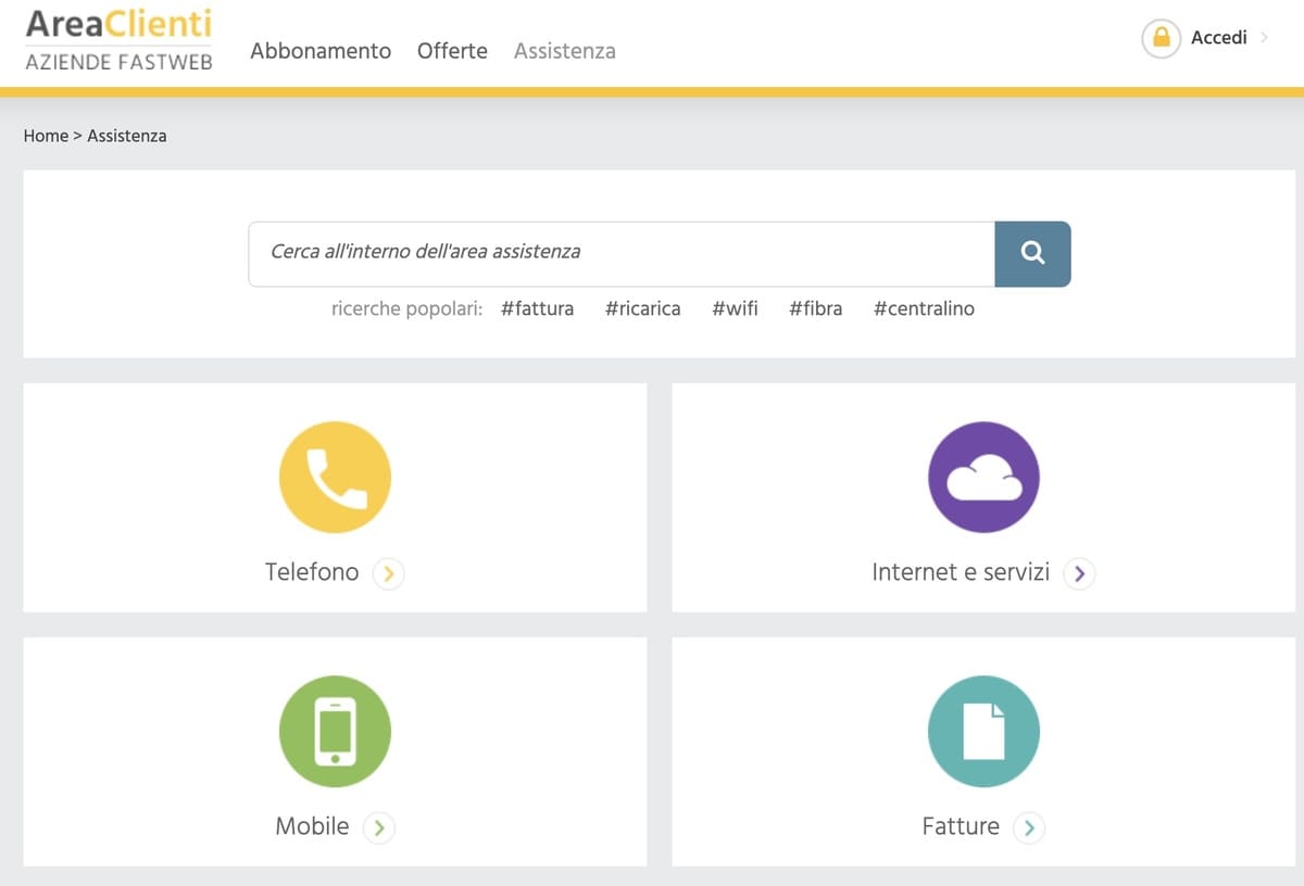 Pagina assistenza area clienti business fastweb